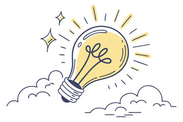 Yellow lightbulb is radiating with stars and placed atop clouds, signifying inspiration