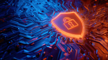 Cybersecurity Concept with Shield and Lock on Futuristic Circuit Board Background in Neon Colors Displaying Digital Protection and Safety