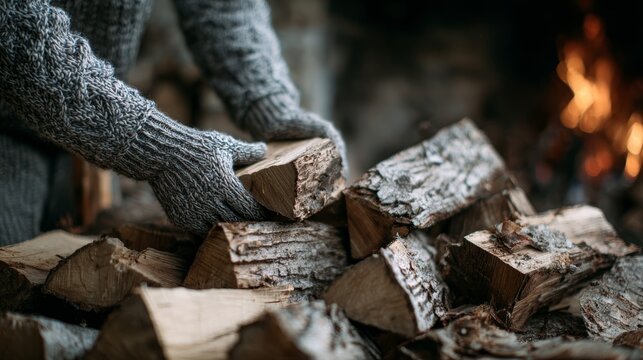 Hands Wearing Warm Gloves Stacking Firewood by a Cozy Fire - Powered by Adobe
