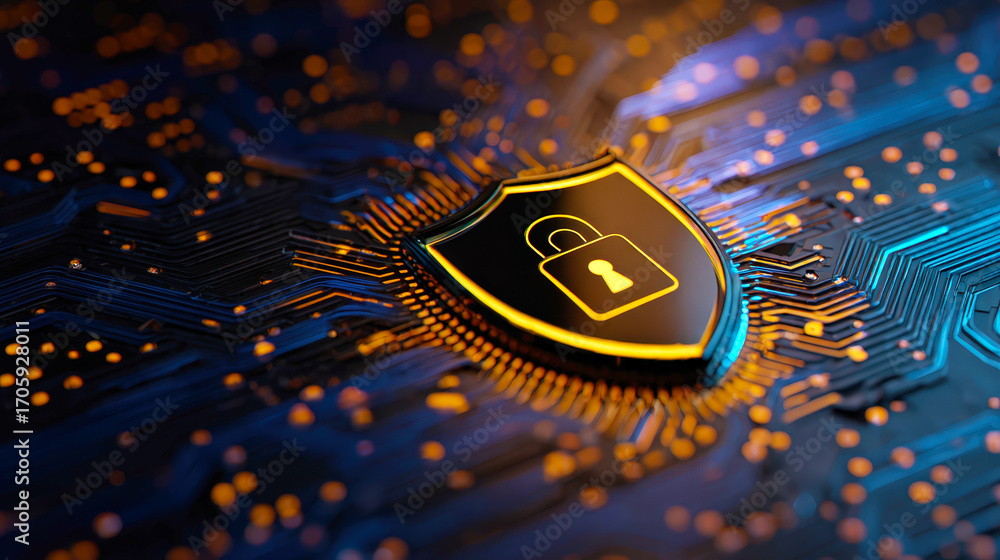Aufkleber digital security shield with lock symbol over circuit board background for technology and cybersecur