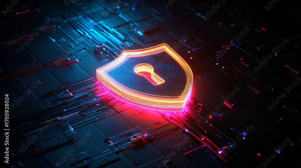 Aufkleber vibrant digital shield with keyhole element on futuristic tech background in neon colors for cyberse