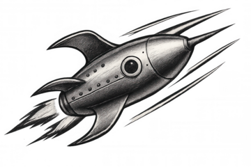 Pencil drawing of a retro rocket ship speeding through space, flames firing from its engine, on a transparent background