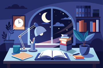 Night showcases books, clock, and a cozy study desk near the window