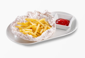 Crispy French fries served with ketchup in a white square sauce bowl, fast food snack, isolated on white background, minimalistic restaurant serving