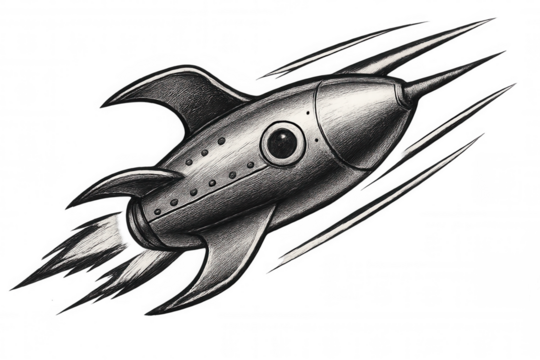 Pencil drawing of a retro rocket ship speeding through space, flames firing from its engine, on a transparent background - Powered by Adobe