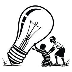 African woman and child are pushing a large light bulb together outdoors in a vector