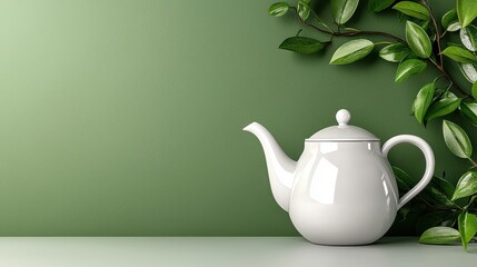 White Teapot and Greenery Against a Green Textured Wall