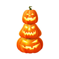 Three stacked Halloween pumpkins with carved faces glowing in the dark, festive atmosphere