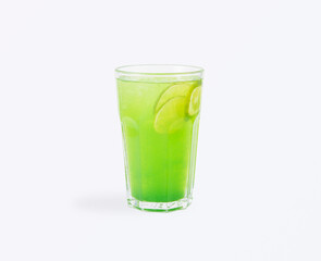 Refreshing green lemonade with lime and cucumber slices served in a tall glass, healthy summer drink perfect for menu, bar or restaurant, isolated on white background