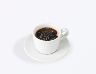 Freshly brewed black filter coffee in elegant white porcelain cup with saucer, minimalistic style, isolated on light background, perfect for coffee shop menu and branding