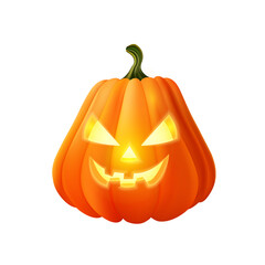 Brightly lit Halloween pumpkin with a spooky face, set against a transparent background