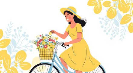 Naklejka premium Joyful Woman Cycling With Flowers, Blossoming Nature, Springtime Happiness and Summer Breeze