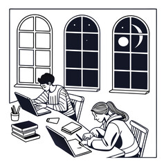 Two people are working together at a desk with laptops and books at night