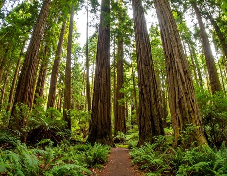 Lush forest with towering redwood trees. Sunlight filters through canopy.  Pathway meanders through undergrowth - Powered by Adobe