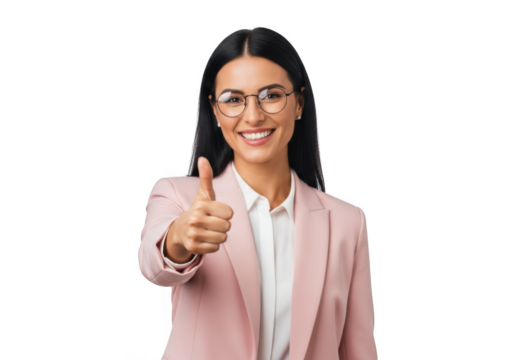 Smiling businesswoman with glasses giving thumbs up gesture in pink suit stock photo isolated on transparent background - Powered by Adobe