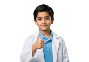 Enthusiastic young boy scientist giving thumbs up in lab coat, science fair project, education, success, isolated on transparent background