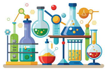 Cartoon glassware with colorful liquids arranged, showcasing chemistry concepts and complex lab processes for science education