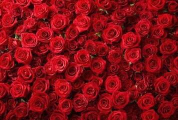 A dense and romantic sea of blooming red roses, closely packed together, creates a textured and velvety surface