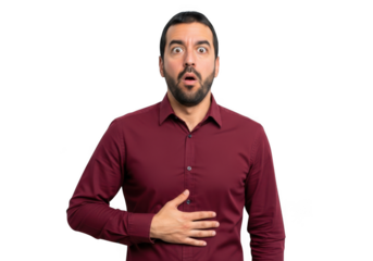 Shocked man holding stomach with surprised expression, digestive issues, discomfort, painful, isolated on transparent background
