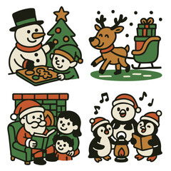 Snowman child Christmas tree reindeer sleigh Santa penguin singing joyful holiday