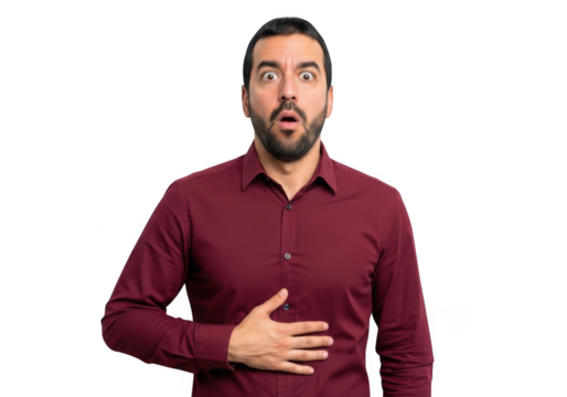 Shocked man holding stomach with surprised expression, digestive issues, discomfort, painful, isolated on transparent background