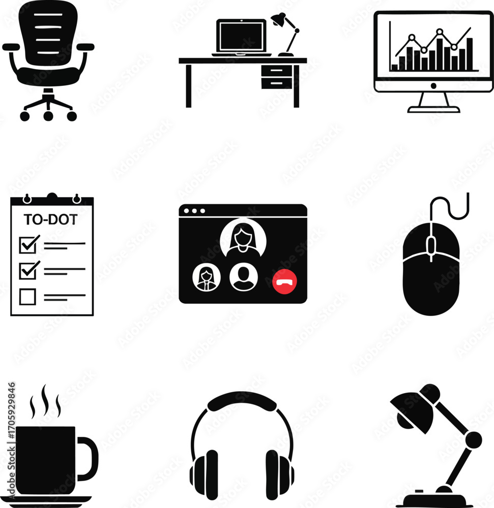 Poster workspace vector icons showcasing remote work essentials. features desk setup, video call, task list
