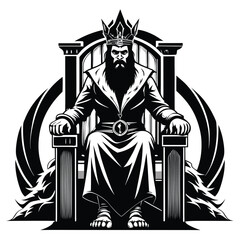 Illustrated king with beard wears crown and robe sitting on an ornate throne