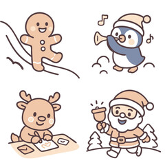 Gingerbread man sliding, penguin playing trumpet, reindeer drawing, Santa ringing bell, cheerful