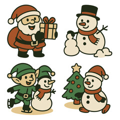Santa Claus, snowman, elf, Christmas tree, and gift in cheerful winter holiday cartoon style
