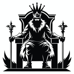 Crowned king powerfully sits on ornate throne holding scepters in this striking monochrome black and white sketch