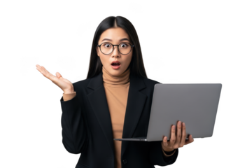 Surprised businesswoman with laptop in hand expressing shock and amazement, wearing glasses and blazer isolated on transparent background