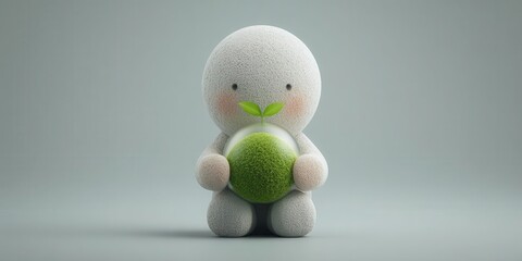 A cute, textured figure holds a green sphere with a small plant, symbolizing environmental care and sustainability.