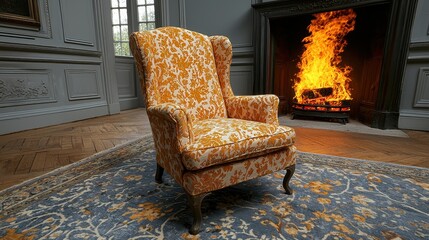 Yellow Patterned Wingback Chair by Fireplace in Luxurious Room