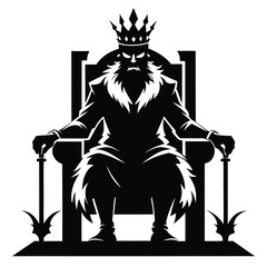 Silhouette portrays the imposing king with beard and crown on his throne with scepters