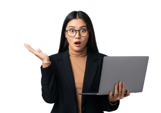 Surprised businesswoman with laptop in hand expressing shock and amazement, wearing glasses and blazer isolated on transparent background - Powered by Adobe