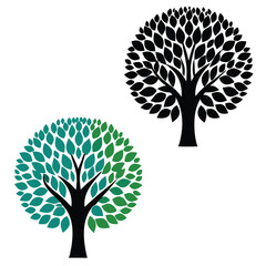 Two trees showcase unique foliage with vibrant green leaves and bold black silhouettes