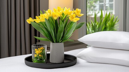 Yellow Tulips in Gray Vase on White Bed with Black Tray and Neutral Curtains