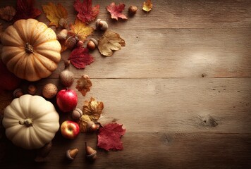 Fototapeta premium Autumnal arrangement pumpkins, apples, nuts, and colorful fall leaves on a textured wooden surface, creating a warm, inviting harvest scene