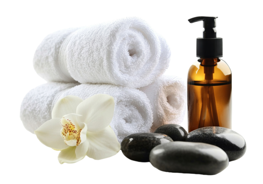 Spa composition with rolled towels, essential oil, stones, and orchid flower, isolated on transparent cutout background