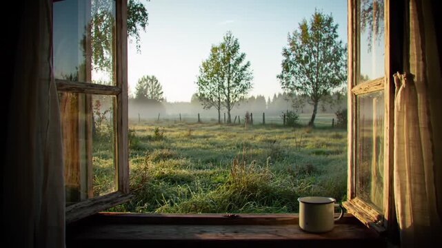 Timelapse of  Serene countryside view from an open window with coffee cup at sunrise  