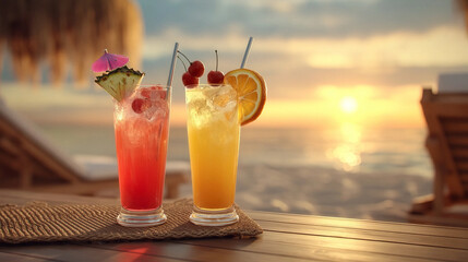 Tropical Cocktails at Sunset: Two vibrant, refreshing cocktails sit invitingly on a wooden surface overlooking a tranquil beach at sunset, with clear.