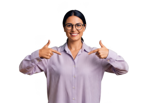 Smiling brunette woman with glasses pointing at herself, portrait, studio shot, model, isolated on transparent background