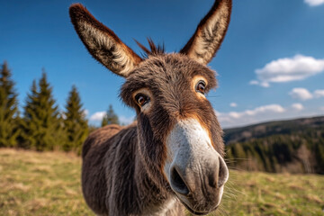 Fototapeta premium Portrait of a donkey with expressive eyes and comical appearance in the field
