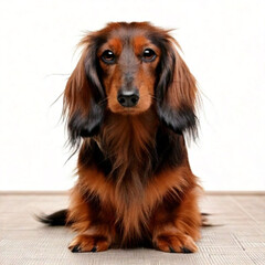 Firefly Cute longhaired dachshund dog in sitting pose facing forward 