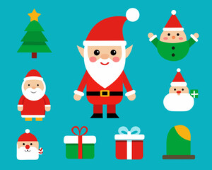 Cute christmas characters and gifts on a teal background