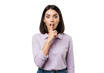 Surprised brunette woman with finger on lips shushing silence gesture isolated portrait png image stock photo illustration isolated on transparent background