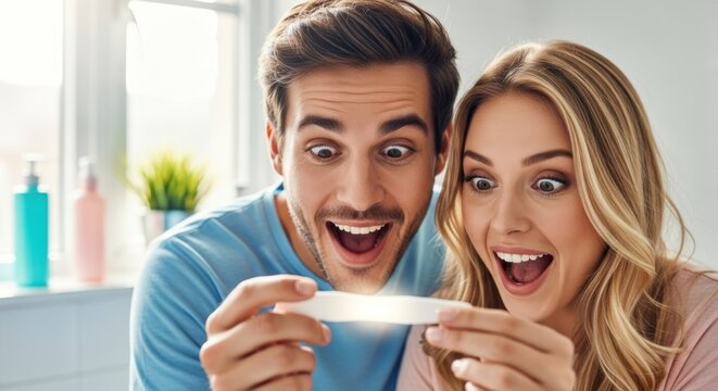 A couple holding a pregnancy test in a bathroom.