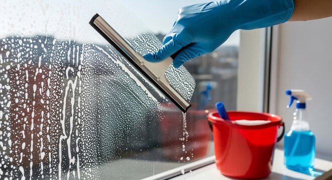 A gloved hand cleans a window with a squeegee, showing cleaning supplies.