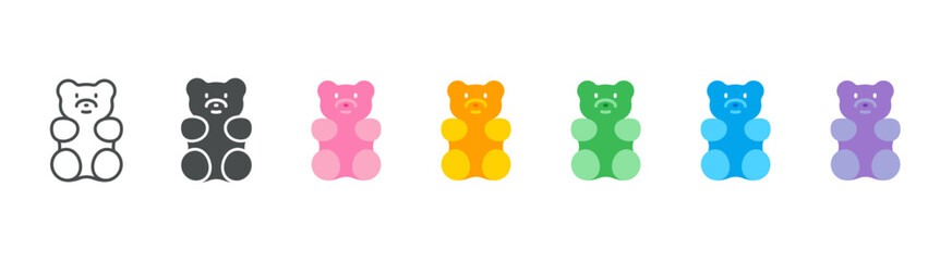 Gummy Bear Candy Icon Set: Colorful Jelly Teddy Bears in Rainbow Flavors for Sweet Treats and Desserts