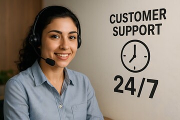 A cheerful customer service representative with headset ready to assist, 24/7 support. 